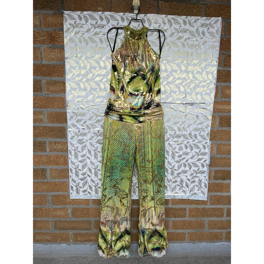 VavaVoom Gold Metallic Halter Jumpsuit Green Y2K Cyber Glam Wide Leg Open Back M - Picture 2 of 11